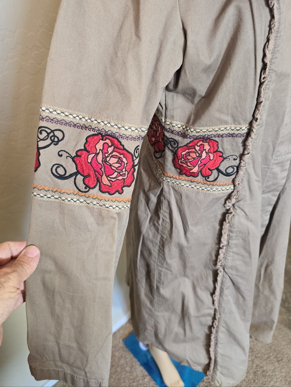 ODD MOLLY Taupe Embroidered Floral Long Coat No Size Tag See Measurements - Picture 2 of 11